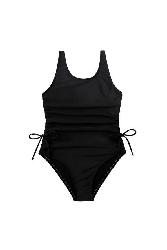 Girls Solid Swimsuit Adjustable Straps Backless One-Piece Swimwear with Sided Bowtie Kids Summer Slim Cute Bathing Suit Beach Bathwear Clothes Black 11-12 Years