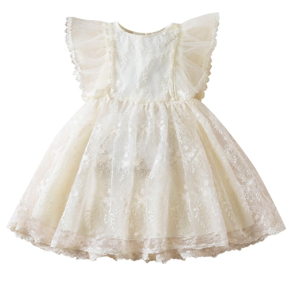 AJTQTH Girls Stylish Princess Dress Ruffled Flutter Sleeve Crewneck Lace Trim Sundress Cute FLoral Embroidered Mesh Elegant Gowns Frocks Summer Comfy Outfits for Holiday Beige 2-3 Years