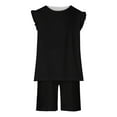 thumbnail image 1 of AJTQTH Girls Summer 2PC Set Kids Summer Lightweight Comfy Clothes Solid Color Tees Crewneck Flutter Sleeve Tshirts Tops+Elastic-Waisted Shorts with Pockets Black 7-8 Years, 1 of 9