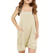 AJTQTH Girls Summer Sleeveless Casual Solid Color One Piece Romper Loose Fit Summer Spaghetti Strap Overalls Shorts Jumpsuit with Pockets Beige 13-14 Years