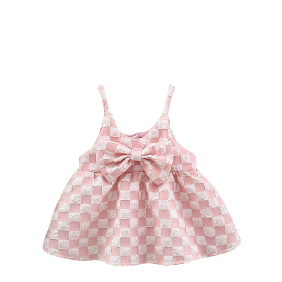 AJTQTH Girls Sundress Halter V-Neck Cotton Cute Plaid Dress for Baby Infant Toddler Midi Dress with Bowknot Princess Dress Gowns Frocks for Home Party Pink#01 18 Months