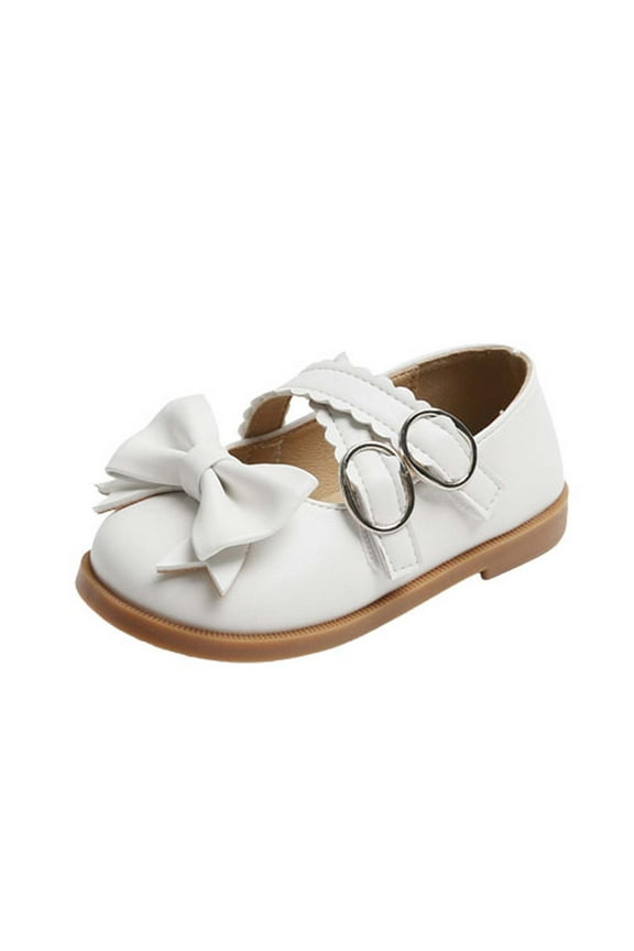 Girls Toddler Kids School Unform Mary Jane Shoes Faux Leather Shoes Cute Bowknot Ruffled Double Buckles Shoes Thick Soled Slip On Flat Shoes for Summer Casual Beige 3 Years