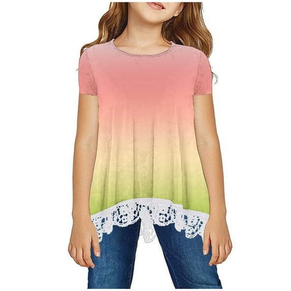 AJTQTH Girls Tops Kids Summer Gradient Printed Cute Lace Patchwork Tees Short-Sleeved Crewneck Tshirts Blouses Shirts for Summer Casual Party Holiday Beach Clothes Multicolor#01 5 Years