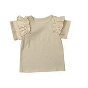 AJTQTH Girls Tshirts Kids Toddler Stylish Ruffles Solid Color Cotton Tees Summer Short-Sleeved Round Neck Tops Lightweight Blouses Beige 6 Years