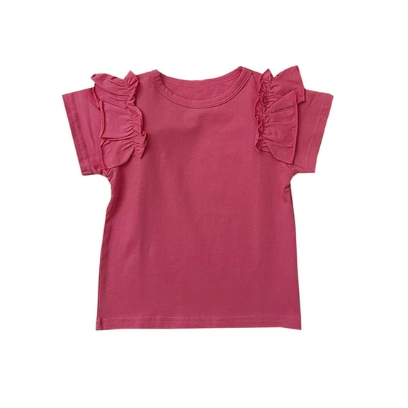 AJTQTH Girls Tshirts Kids Toddler Stylish Ruffles Solid Color Cotton Tees Summer Short-Sleeved Round Neck Tops Lightweight Blouses Hot Pink 5 Years