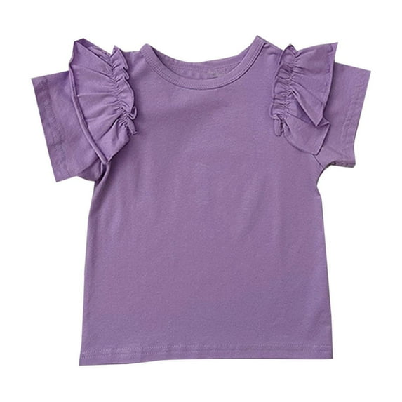 AJTQTH Girls Tshirts Kids Toddler Stylish Ruffles Solid Color Cotton Tees Summer Short-Sleeved Round Neck Tops Lightweight Blouses Purple 4 Years