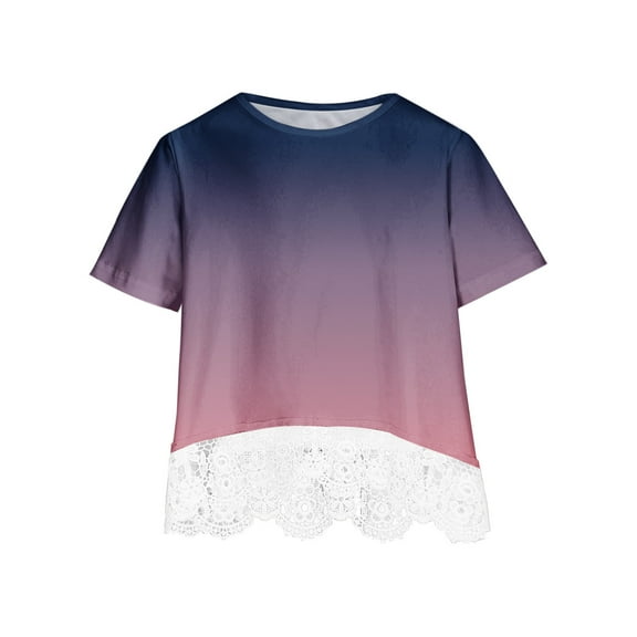 AJTQTH Gradient Color Tops for Girls Kids Summer Cotton Comfy Tees Short-Sleeved Crewneck Tshirts with Hem Lace Patchwork Blouses Cute Casual Relaxed Fit Outfits Purple 11-12 Years