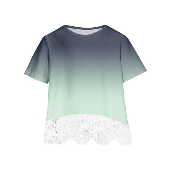 AJTQTH Gradient Color Tops for Girls Kids Summer Cotton Comfy Tees Short-Sleeved Crewneck Tshirts with Hem Lace Patchwork Blouses Cute Casual Relaxed Fit Outfits Green 11 Years
