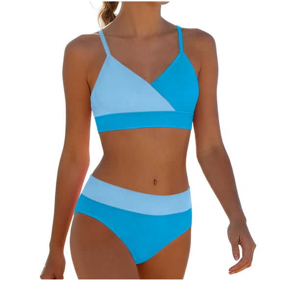AJTQTH Grils High Waisted Bikini Swimsuits Front Twist Front Color Block Adjustable Spaghetti Strappy Bikini Tops Ruched 2 Piece Bathing Suits Beach Swimwear Sky Blue 7-8 Years