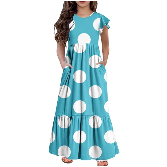 AJTQTH High Waist Sundress for Girls Stylish Polka Dots Tunic Pockets Princess Dress Round Neck Flutter Sleeve Flowy Maxi Dress Light Blue 12 Years