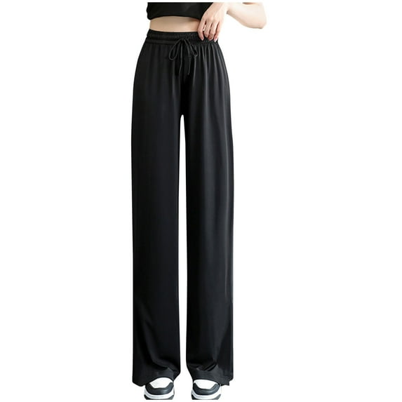 AJTQTH High-Waisted Trousers for Women Casual Ice Silk Straight-Leg Long Pants Drawstring Solid Lounge Pants Soft Summer Outfits Black M