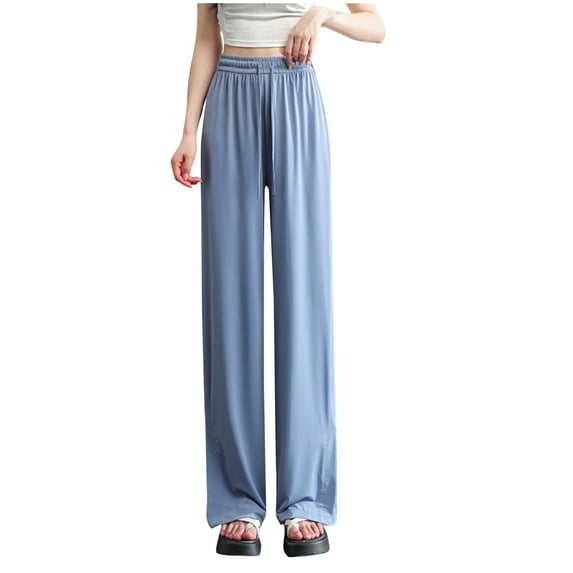 AJTQTH High-Waisted Trousers for Women Casual Ice Silk Straight-Leg Long Pants Drawstring Solid Lounge Pants Soft Summer Outfits Blue L