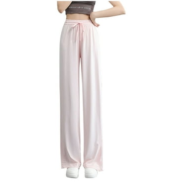 AJTQTH High-Waisted Trousers for Women Casual Ice Silk Straight-Leg Long Pants Drawstring Solid Lounge Pants Soft Summer Outfits Pink M