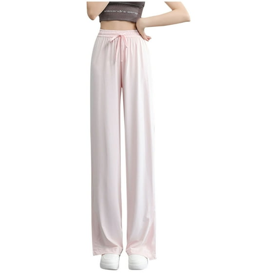 AJTQTH High-Waisted Trousers for Women Casual Ice Silk Straight-Leg Long Pants Drawstring Solid Lounge Pants Soft Summer Outfits Pink XL