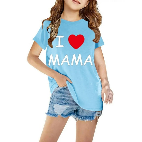 AJTQTH I Heart Mom Print T-Shirts for Kids Boys Girls Summer Short Sleeve Casual Round Neck Basic Tees Tops Trendy Mother's Day Holiday Vacation Shirt Blue 7 Years