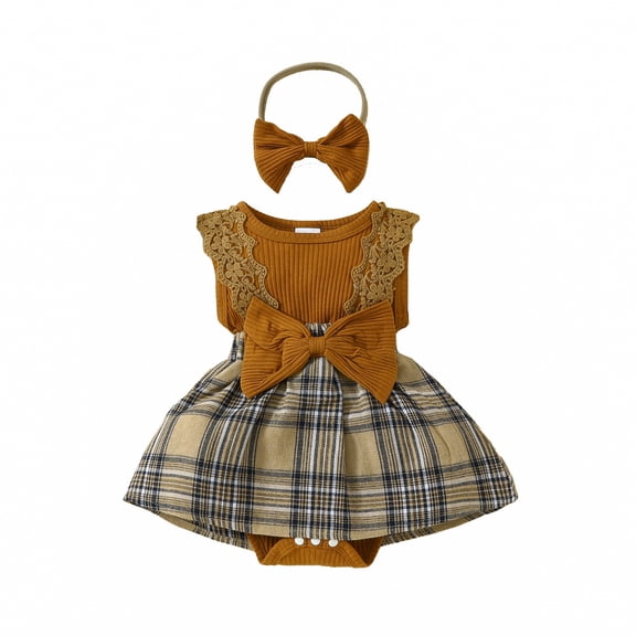 AJTQTH Infant Baby Girls Clothes Cute Summer Lace Patchwork Sleeveless Crew Neck Tank Tops Rompers and Bowknot Plaid Mini Skirts with Headbands Set Brown 3-6 Months