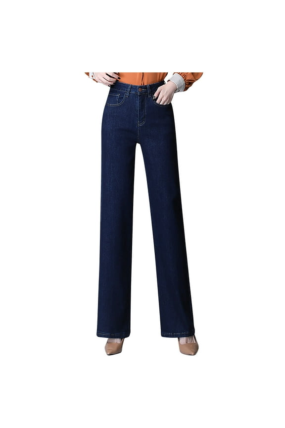 Jeans for Women Straight-Leg Solid High-Waisted Denim Trousers with Pockets Casual Loose Denim Pants Dark Blue 29