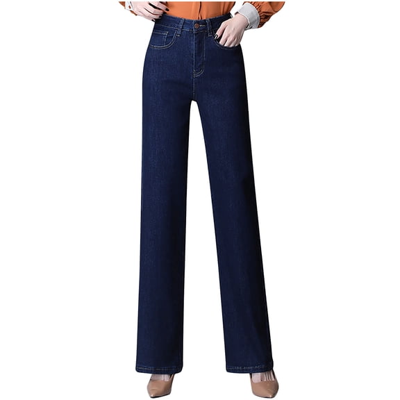 AJTQTH Jeans for Women Straight-Leg Solid High-Waisted Denim Trousers with Pockets Casual Loose Denim Pants Dark Blue 34