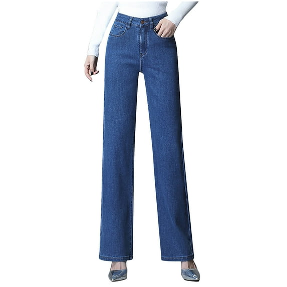 AJTQTH Jeans for Women Straight-Leg Solid High-Waisted Denim Trousers with Pockets Casual Loose Denim Pants Light Blue 32
