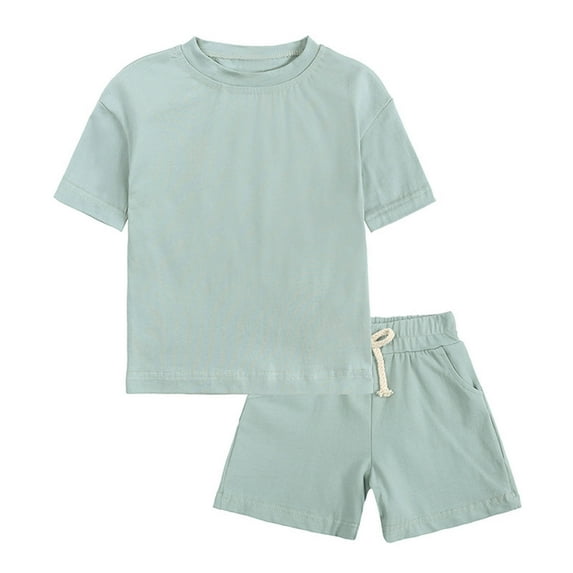 AJTQTH Kids 2PC Set Newborn Toddler Solid Color Summer Clothes Boys Girls Unisex Crewneck Short-Sleeved Tops Tees Tshirts Drawstring Straight-Leg Short Pants Trunks Green 6 Months