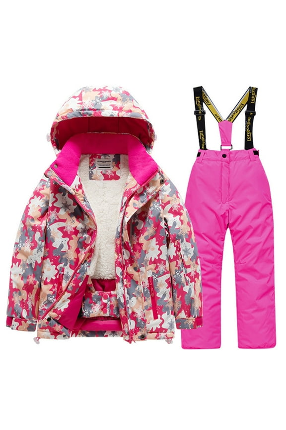 Kids Boys Girls Thicken Warm Snowsuit Casual Long Sleeve Sherpa Fleece Lined Hooded Ski Jacket and Snow Pants 2 Pcs Set Winter Skiing Jacket with Pants Hot Pink 4-5 Years