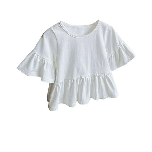 AJTQTH Kids Crop Tops Girls Stylish Solid Color Loose Ruffle Sleeve Round-Neck Blouses Ruffled Hem Casual Tees Summer Breathable Cotton Comfy Tshirts White 7 Years