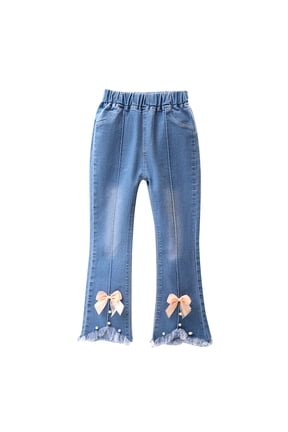 Kids Denim Pants Girls Elastic-Waisted Slim Pants Straight-Leg Bell Denim Pants with Pockets Stylish Solid Color Bows Frayed-Hem Jeans Watermelon Red 7-8Years
