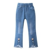 AJTQTH Kids Denim Pants Girls Elastic-Waisted Slim Pants Straight-Leg Bell Denim Pants with Pockets Stylish Solid Color Bows Frayed-Hem Jeans Sky Blue 10-11Years