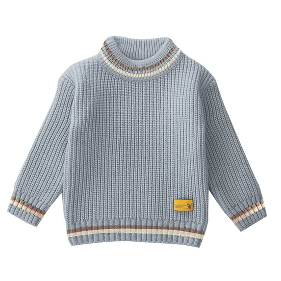 AJTQTH Kids Fair Isle Sweater Fall Long Sleeve Mock Neck Striped Cable Knit Pullover Sweaters Trendy Boys Girls Plush Thick Warm Jumper Tops Light Blue 6-7 Years