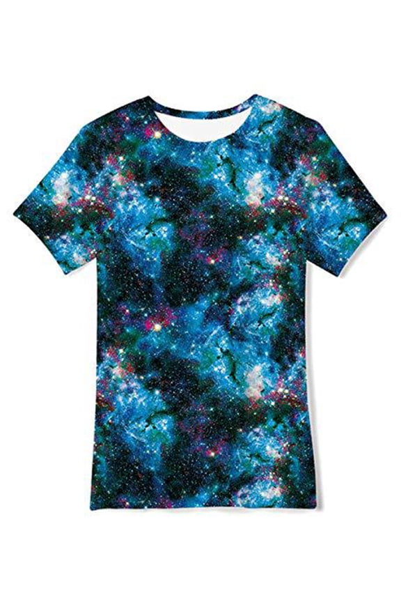 Kids Galaxy 3D Graphic Tops Starry Sky Print Novelty Summer Casual Cotton T-shirt Boys Girls Unisex Short Sleeve Round Neck Loose Fit Tees Blue 13 Years