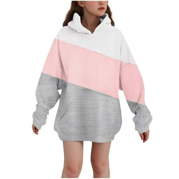 AJTQTH Kids Girls Color Block Hoodie Tops Lightweight Casual Fall Long Sleeve Hooded Pullover Sweatshirts Fashion Fleece Lined Warm Outfit Clothes with Pockets Pink 5-6 Years