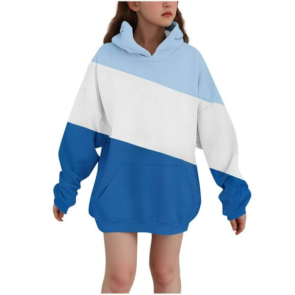 AJTQTH Kids Girls Color Block Hoodie Tops Lightweight Casual Fall Long Sleeve Hooded Pullover Sweatshirts Fashion Fleece Lined Warm Outfit Clothes with Pockets Blue 3-4 Years