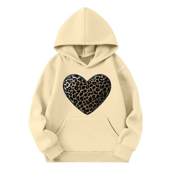 AJTQTH Kids Girls Long Sleeve Cute Leopard Heart Print Hooded T-Shirts Loose Fit Casual Graphic Holiday Pullover Sweatshirts Trendy Cotton Hoodie Outwear Tops with Pockets Beige 9-10 Years