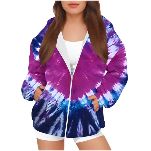AJTQTH Kids Girls Long Sleeve Tie Dye Print Jackets Casual Spring Fashion Full Zip up Hooded Pullover Sweatshirts Loose Soft Comfy Hoodie Outwear Coat with Pockets Purple 7-8 Years