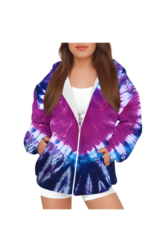 Kids Girls Long Sleeve Tie Dye Print Jackets Casual Spring Fashion Full Zip up Hooded Pullover Sweatshirts Loose Soft Comfy Hoodie Outwear Coat with Pockets Purple 7-8 Years