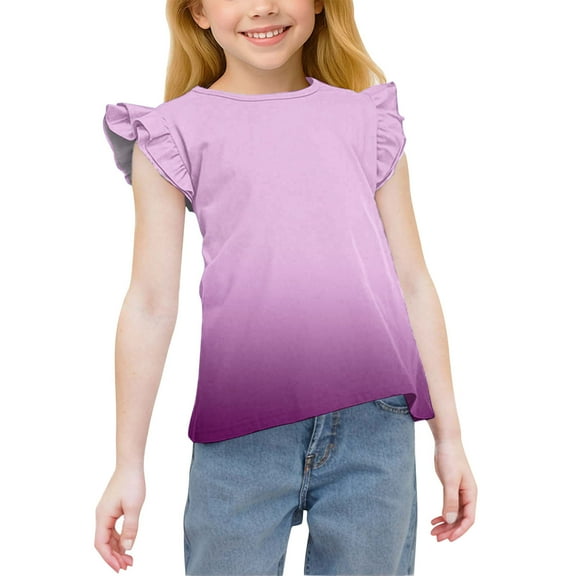 AJTQTH Kids Girls Ombre T-Shirts Cute Flying Sleeves Summer Crewneck Graphic Tunic Tees Loose Fit Casual Tie Dye Printed Pullover Tops A-Pink 8-9 Years