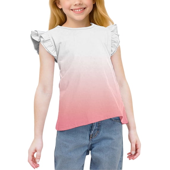 AJTQTH Kids Girls Ombre T-Shirts Cute Flying Sleeves Summer Crewneck Graphic Tunic Tees Loose Fit Casual Tie Dye Printed Pullover Tops B-Pink 8-9 Years