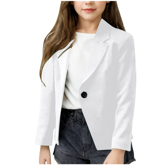 AJTQTH Kids Girls Solid Color Lapel Suit Coat Lightweight Casual Button Down Long Seelve Blazer Jacket Tops White 13-14 Years