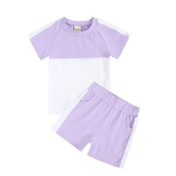 AJTQTH Kids Girls Summer Short Sleeve Outfit Clothes 2024 Casual Round Neck Color Block Print T-Shirts and Shorts Two Piece Set Purple 3-4 Years
