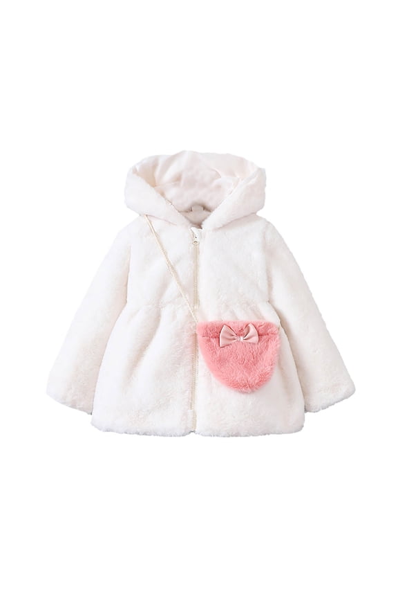 Kids Girls Winter Warm Coats Jacket Clothes Outwear Overcoat Ear Hooded Faux Plush Thicken Fleece Toddler Tops with 1PC Handbag White 2-4 Years