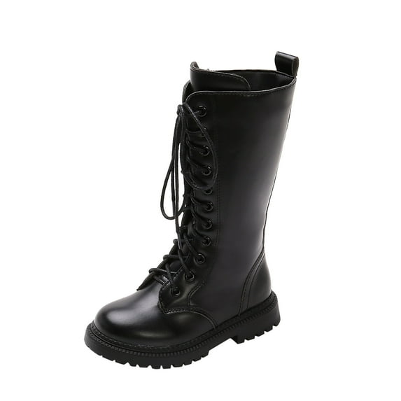 AJTQTH Kids Knee High Boots Low Heel Lace Up Tall Boots Chunky Heel Thick Solded Booties Warm Riding Boots for Winter Fall Snow Black 30