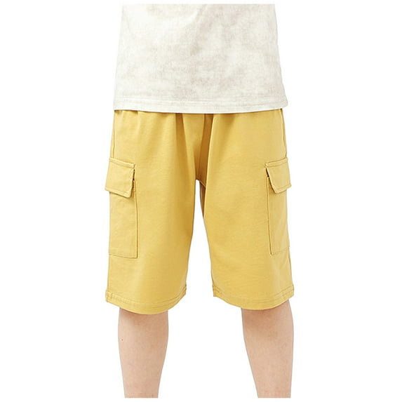AJTQTH Kids Summer Cargo Shorts Elastic-Waisted Solid Color Side Pockets Short Pants for Boys Girls Quick Dry Breathable Cotton Trunks Yellow 8 Years