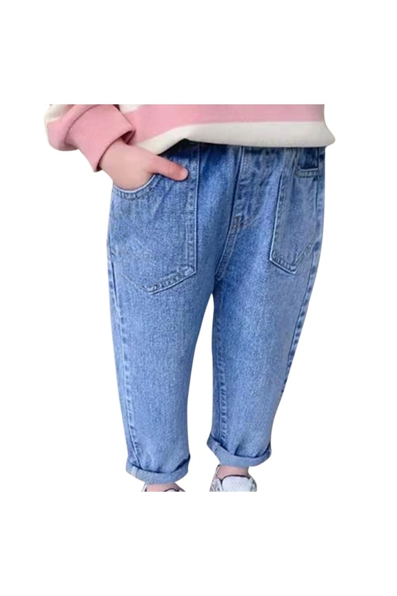 Kids Tapered Solid Jeans Girls Boys Unisex Slim Fit Elastic High Waist Full Length Denim Pants Pockets for Multi-Occasions Wearing Blue 4 Years
