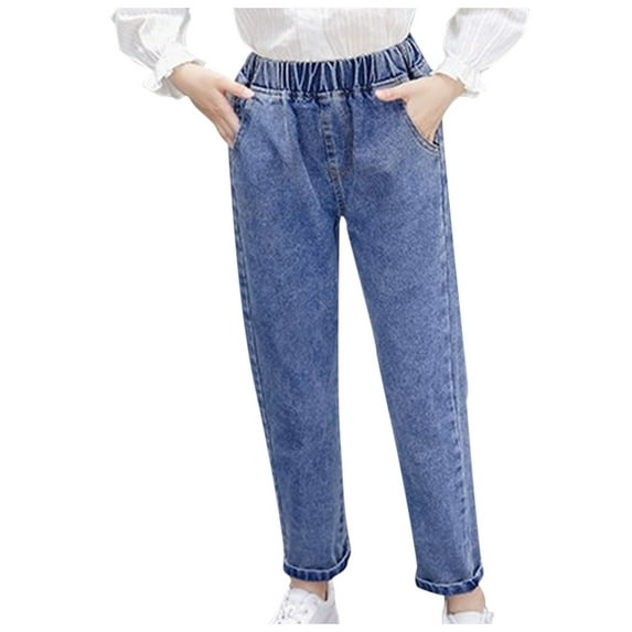 AJTQTH Kids Tapered Solid Jeans Girls Boys Unisex Slim Fit Elastic High Waist Full Length Denim Pants Pockets for Multi-Occasions Wearing Blue 4 Years