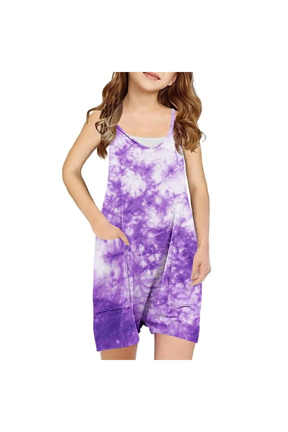 Kids Tie-Dye Jumpsuit Summer Comfy Wearing with Spaghetti Staps Sleeveless V-Neck Tops and Wide-Leg Shorts for Girls Boys Unisex Beach Holiday Clothes Multicolor 11 Years
