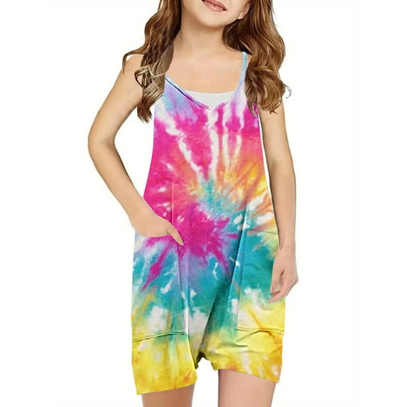 AJTQTH Kids Tie-Dye Unisex Jumpsuit for Summer Cozy Outfit Suitable for Travel Beach Holiday Boys Girls Strap Sleeveless Camisole with Pockets and Relaxed Fit Shorts Multicolor 9 Years