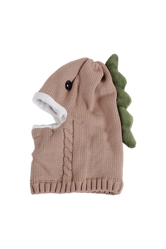 Kids Warm Clothes Knitting Thick Hooded Scarf Beanie Cap Dinosour Cosplay Cute Warm Hat Inner Plush Winter and Fall Wool Hoods Khaki Free Size