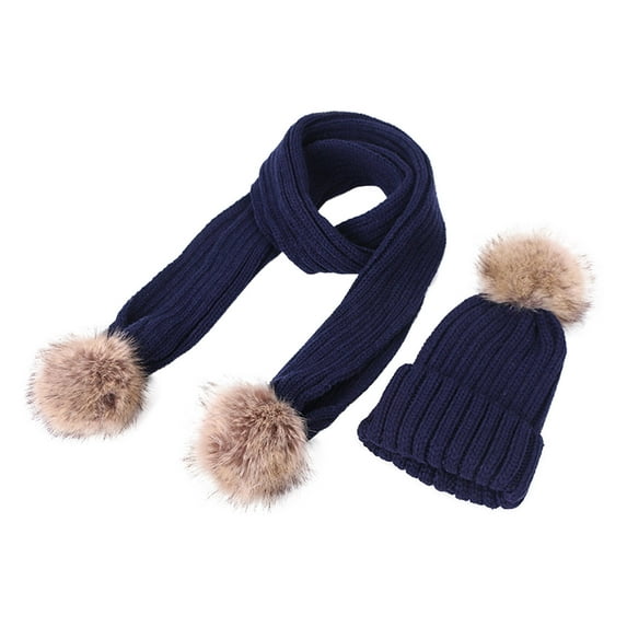 AJTQTH Kids Warm Clothes Set Girls Boys Cable Knitting Cotton Long Scarf with Pompom+Cute Solid Color Warm Beanie Hats Winter Casual Outfits Navy Free Size