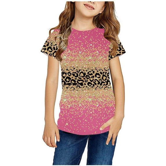 AJTQTH Leopard Color Block Print Summer T-Shirts for Kids Boys Girls Casual Short Sleeve Round Neck Graphic Tees Tops Lightweight Cotton Blouses Pink 4-5 Years