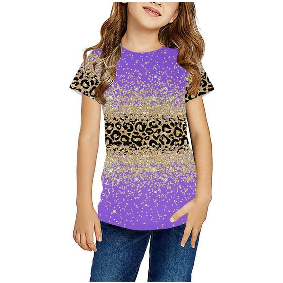 AJTQTH Leopard Color Block Print Summer T-Shirts for Kids Boys Girls Casual Short Sleeve Round Neck Graphic Tees Tops Lightweight Cotton Blouses Purple 11-12 Years